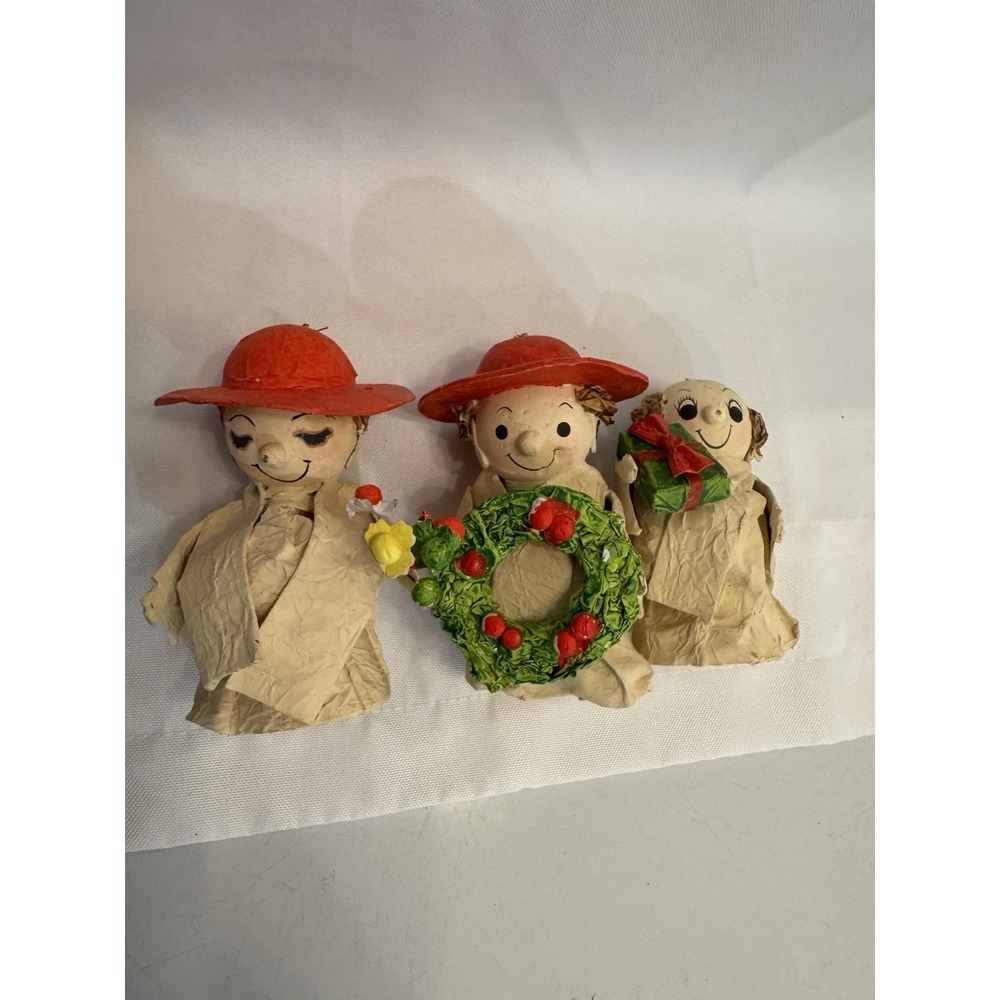 Franciscan Monk Set Of 3 Vintage‎ Christmas Ornaments Paper Mache Red Hat